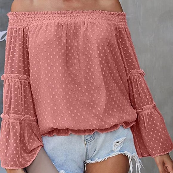 Deep Pink Chenille Dot Flared Sleeve Off the Shoulder Blouse Women's Sz Small - Picture 2 of 9